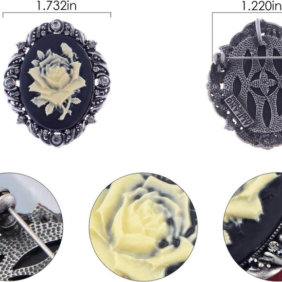 Vintage Inspired Antique Reproduct Rose Pink Crystal Flower Cameo Pin Brooch - Picture 6 of 7